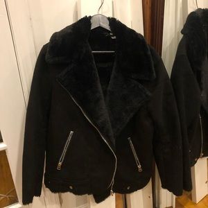 H&M black suede and faux fur aviator jacket